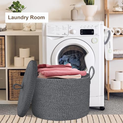21" x 18" Extra Large storage baskets,Decorative blanket basket with lid for Living room,rope baskets with lid,wicker hamper for bedroom,Big,Round,Dark Grey - color: Dark Grey