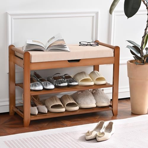 Shoe Rack Bench, Shoe Storage Bench with Cushion, 27.6in Entryway Bench with Lift Top Hidden Storage Holds Up to 330lb for Bedroom Living Room - size: 27.6in without Hooks