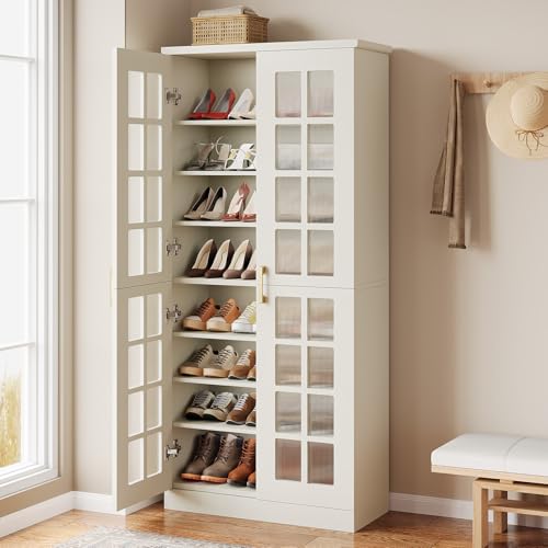 Tribesigns Tall Shoe Cabinet with Doors, 8-Tier Shoe Storage with Adjustable Shelves, Modern Shoe Organizer Shoe Rack Cabinet for Entryway, Hallway, Closet, Living Room, White - color: White