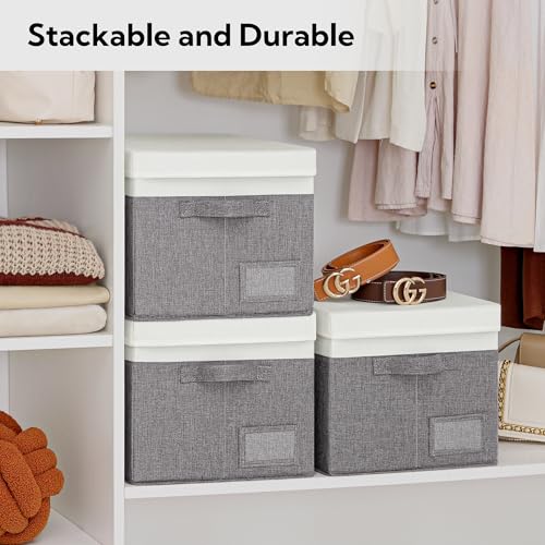 GRANNY SAYS Storage Bins with Lids, Linen Closet Storage Boxes, Collapsibe Storage Bins for Clothes, Storage Containers with Label Holder, 3-Pack, Gray&Ivory - color: White&Gray, size: Large