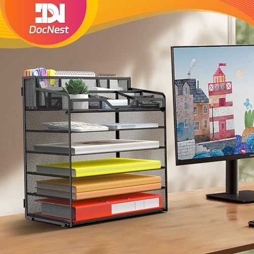 Docnest 6 Tier Mesh Desk Organizer for Paper Office Supplies – Multi-Functional Letter Tray with 5 Adjustable Compartments, 3 Pen Holders, Desktop Storage for Files, Mail, Stationery – Black - color: Black, size: 12.7" x 9.1" x 15.5"