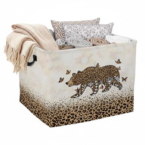56L Leopard Print Bear Laundry Basket Clothes Hamper with Handles,Foldable Blanket Storage Large Laundry Hamper with Waterproof PE,Toy Storage Bin Organizer,Clothes Organizer,Home Decor - color: Leopard Print Bear