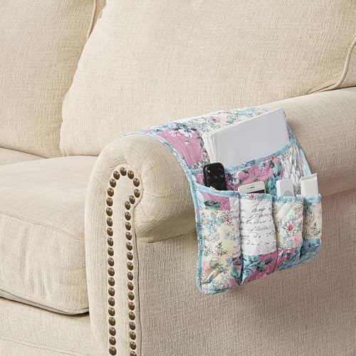 Brilliant Sunshine Lilac Rose Couch Sofa Armrest 5 Pockets Organizer, Slip Resistant Recliner Armchair Caddy, Washable Remote Controls Holder, Storage for Magazine, Tablet, Phone, 35×13", Egg Blue - color: Lilac Egg Blue