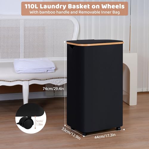 iEGrow 110L Laundry Basket with Wheels,Clothes Hamper for Laundry,Laundry Hamper with Lid and Inner Bag, for Laundry Room, Bedroom, Dormitory Storage,Black - color: Black, size: 110L