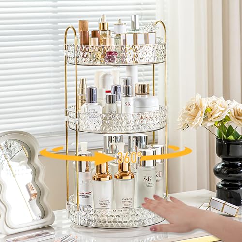 Rotating Makeup Organizer for Vanity, 3 Tier Perfume Skincare Storage for Women, Bathroom Counter Organizer, 360° Spinning Cosmetic Holder for Dresser Countertop, Clear - size: 3 Tier (Standard)