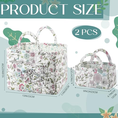 2 Pcs Quilted Fabric Storage Basket with Handles Large Capacity Laundry Basket Boho Foldable Floral Laundry Organizer Bin for Home Picnic Shopping Travel