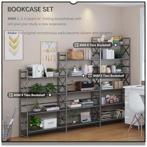 4NM Extra Wide 6 Tiers No Assembly Book Shelves, 61.8" H Folding Bookshelf Bookcase Open Industrial Foldable Shelves for Bedroom, Living Room, Home Office - All Black - color: All Black, size: Wide XX 6-Tier
