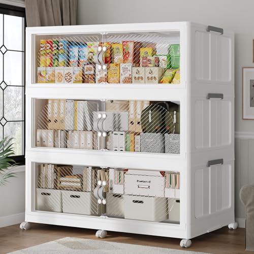180Gal/720QT 3-Tiers Extra Large Stackable Storage Bins with Lid, Collapsible Cabinet Closet Organizer Plastic Container Box with Wheels Doors Drawers for Office Dorm Kitchen Office, White - color: White, size: 60Gal-3Pack