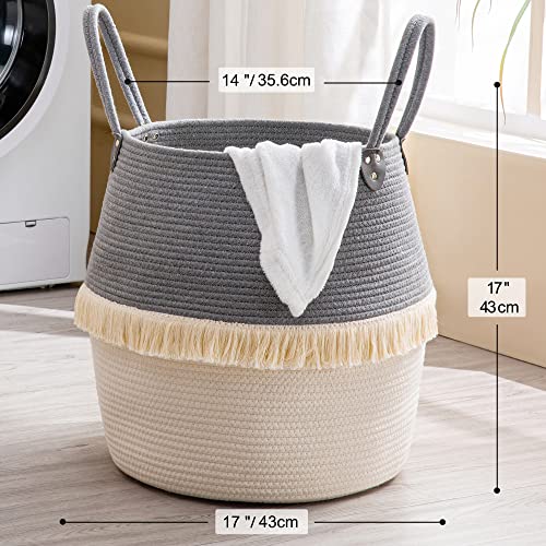 KAKAMAY Woven Baskets for Storage(17"x17"),Large Cotton Rope Woven Baby Laundry Hamper,Collapsible Laundry Basket, Blanket Basket for Organizing Living Room,Nursery,Pillows,Toy Chest(Grey) - color: Grey Fringe