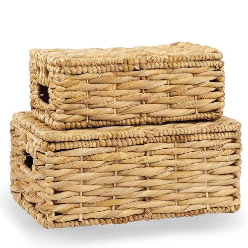 Set of 2 Wicker Baskets with Lid - Decorative Storage Boxes for Home Decor, Shelves - Woven Basket with Lid - Wicker Decor - Rattan Box - Decorative Bins with Lids (Natural) - color: Natural