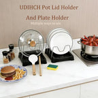 Adjustable Pot Lid Holder with Drip Tray, 2 in 1 Pot Lid Organizer & Spoon Rest, Stainless Steel Lid Holder for Countertop & Cabinet While Cooking, Space Saving Kitchen Pot Cover Rack, Easy Clean