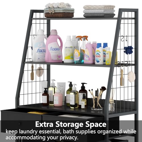 Gyfimoie Laundry Sorter with 2 Drawers, 3 Section Laundry Hamper with 2 Tiers Shelf,120L with Pull-Out Rolling Bags,Laundry Organizer for Laundry Room,Bathroom,Dorm (Black)