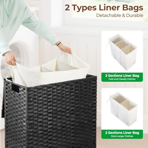 Greenstell Laundry Hamper with Lid, 125L Wicker Laundry Baskets with 2 Removable Liner Bags & 5 Mesh Laundry Bags, Handwoven Rattan Clothes Hamper with Handles for Clothes in Bathroom, Bedroom - color: Light Black
