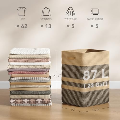Nunsino 87L Laundry Hamper,Laundry Basket with Leather Handles,Woven Storage Basket for Toys,Pillows,Blankets,Clothes,Dark Brown - color: Dark&Brown, size: 87 L