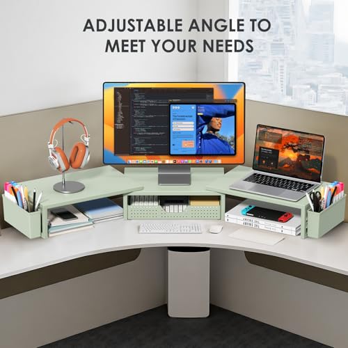OPNICE Desk Organizers and Accessories, Dual Monitor Stand Riser with Drawer and 2 Pen Holders, Desk Shelf Metal Computer Monitor Stand for Office Workspace Organizers, Desktop Organization (Green Metal) - color: Green Metal, size: With drawer and pen hol