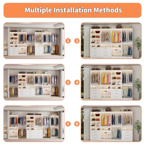 Closet System with 4 Sets, 8–21 FT Closet System with 6 Drawers, 9 Shelves & 8 Hanging Rods, Max 252″ Closet Organizer System for Walk in Closets, Modular Custom Wood Closet Kit, White