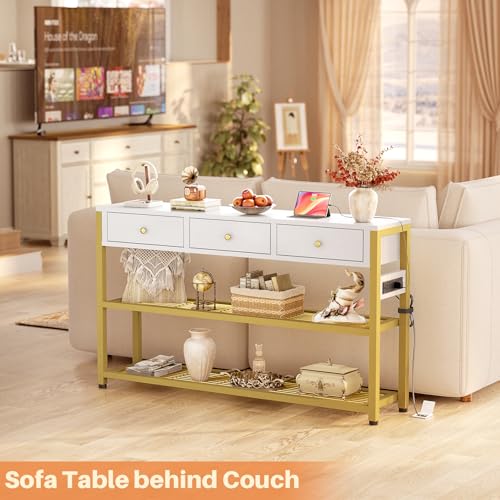 Ecoprsio 47'' Entryway Table with Outlets and USB Ports, Console Table with 3 Drawers, Sofa Table Narrow Long with Storage Shelves for Living Room, Couch, Hallway, Foyer, White and Golden - color: White and Golden, size: 47-In