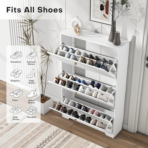 Nicetree Shoe Cabinet with 3 Flip Drawers, Narrow Shoe Organizer Cabinet, Freestanding Shoe Rack Cabinet, Morden Shoe Storage Cabinet for Entryway, Hallway, Foryer, White with Hook - color: White, style: 3-Drawers with Hook