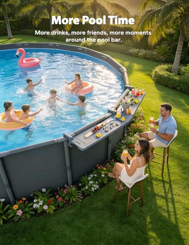 POOLHACKER Poolside Bar Extended, [Original] Swim Up Bar Exclusively for Above-Ground Round Pools. Patio Poolside Table Smart Fold Easy Maintenance, Weather Resistant Stable Tabletop - color: Grey