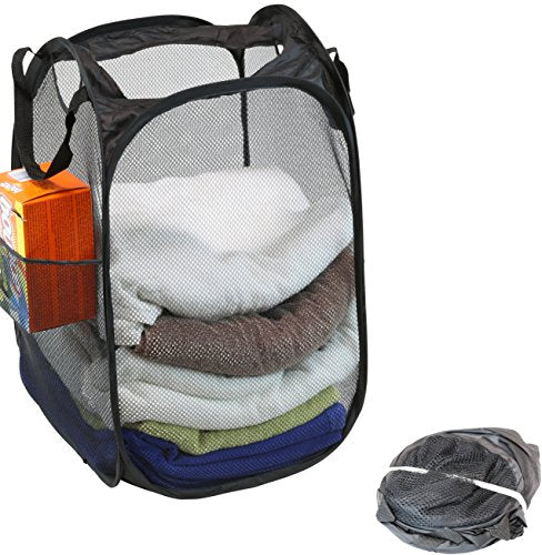 Simple Houseware Mesh Pop-Up Laundry Hamper Basket with Side Pocket, Black - 2 Pack - color: Black, size: 2 Pack