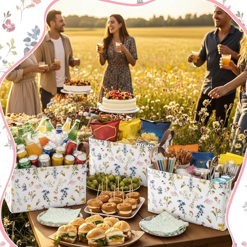 Boao 3 Pcs Watercolor Wildflowers Storage Bin Wildflowers Collapsible Large Storage Baskets for Gifts Canvas Laundry Basket Foldable Box with Handle for Office Home Bedroom Clothes - style: Light Wildflower