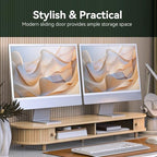 Bamboo Dual Monitor Stand with Storage, Curved Double Computer Laptop Stand Desk Shelf Organizer with Sliding Doors (42 inch) - size: 42 inch