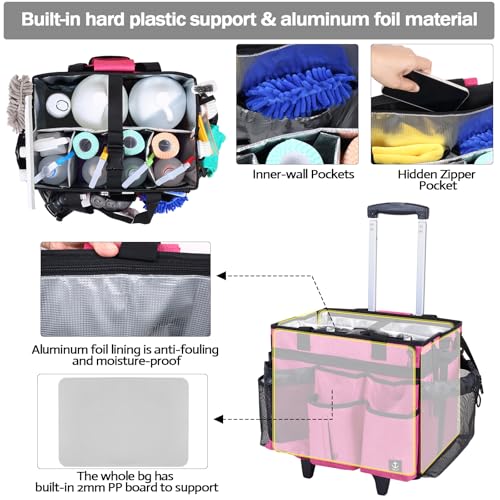 Extra large Rolling Cleaning caddy bag Built-in Hard Support Board,Cleaning Cart with Detachable Trolley, Housekeeping Cleaning caddy with Adjustable Shoulder Strap and Multiple Storage Pockets - color: Rose Red