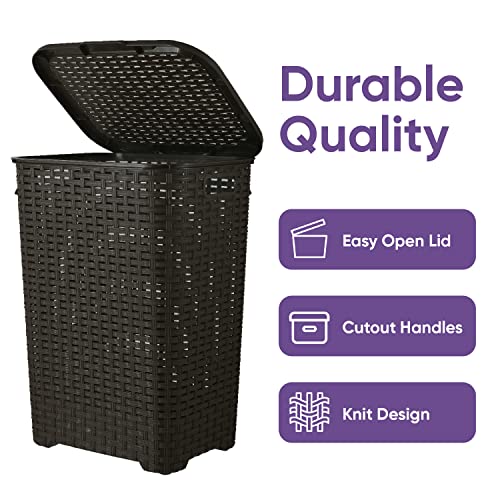Plastic Laundry Hamper with Lid 3 Pack Laundry Hamper Basket, Brown Tall Cloths Hamper Organizer with Cut-out Handles. Space Saving for Laundry Room Bedroom Bathroom, Wicker Design 60 Liter - color: Brown, size: 3-pack