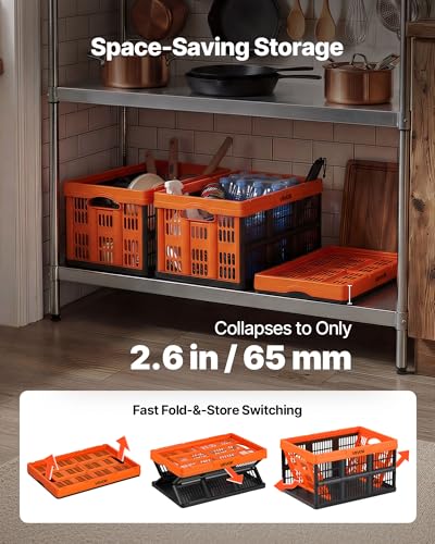 VEVOR Plastic Collapsible Storage Bins, 45L 6 Packs, Stackable Folding Storage Crates with Handles, Holds 33 lbs Per Bin, Foldable Heavy Duty Containers, Space-Saving Baskets, for Home Organizing - size: 45L-Orange-6PC