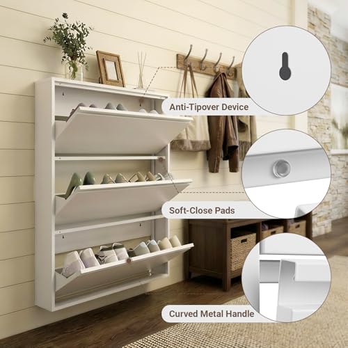 Shoe Cabinet with 3 Flip Drawers, Slim Metal Wall-Mounted Shoe Storage Organizer for Entryway, Hallway, Mudroom, Hidden Narrow Rack, White - style: 3 Flip Drawers