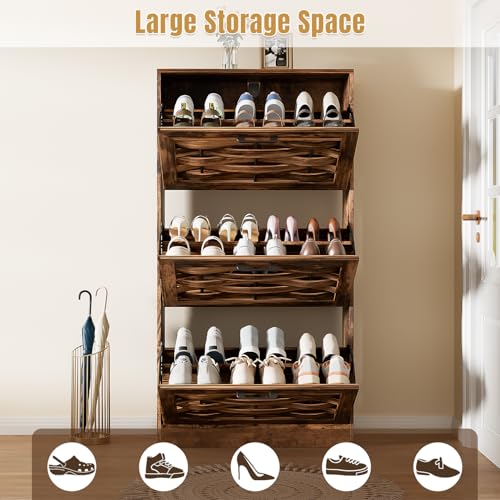 Farmhouse Shoe Cabinet Storage with 3 Flip Drawers for Entryway, Slim Shoe Rack Cabinet with Woven Design Drawers, Narrow Shoe Organizer for Hallway, Apartment, Rustic Brown - color: Rustic Brown, size: 3 Drawers