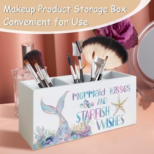 Pastel Mermaid Beach Pen Pencil Holder Organizer for Desk, Mermaid Gifts for Girls Women, Coastal Ocean Starfish Coral Wooden Box Block Sign for Home Classroom Dorm Office Tabletop Decor - color: Mermaid