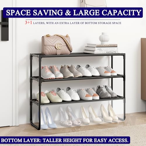 Long Shoe Rack, 3-Tier Stackable Shoe Organizer for Closet, Entryway, Hallway, Extra Bottom Layer, Holds 16-20 Pairs, Sturdy & Durable Waterproof Fabric Shelf, Space-Saving,Black(35.8" Wide) - size: 3-Black