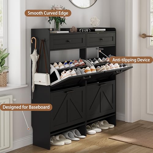Shoe Cabinet with 4 Flip Drawers & 2 Top Drawers, 43" Tall Freestanding Narrow Wooden Shoe Storage Organizer for Entryway, Hidden Slim Shoe Rack for Front Door Entrance, Hallway, Living Room, Black - color: Black, size: 4 Flip Drawers
