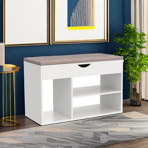 Apicizon 31 Inches Storage Bench with Padded Cushion, Shoe Bench with Storage Space, Upholstered Entryway Bench for Living Room, 2-Tier Shoe Rack Organizer, White - color: A-white, size: 31 Inch