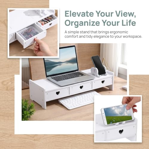 Computer Monitor Stand Riser with 3 Drawers - No Assembly White Desk Organizer & Laptop Shelf - Waterproof Desktop Storage for Home Office, School Dorm & Vanity - 3-Tier Space-Saving Design