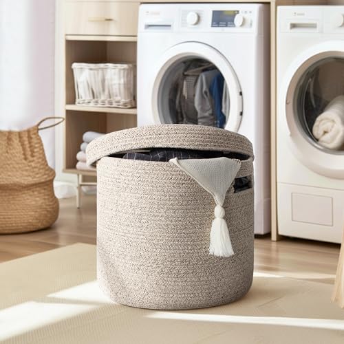 Storage Basket with Lid, Woven Blanket Storage for Living Room, Soft Cotton Rope Bin with Lid, Round Wicker Laundry Basket with Cover, Lidded Kids Dog Toy Bin, Nursery Organizer, 15" x 13" - color: Brown