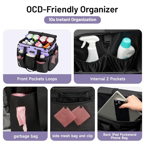 LOEUO Large Cleaning Caddy for Cleaning Supplies Organizer, Rolling Cleaning Caddy Bags with Wheels for Housekeepers, Cleaning Carts on Wheels for Home Car Office Picnic - color: Black-purple