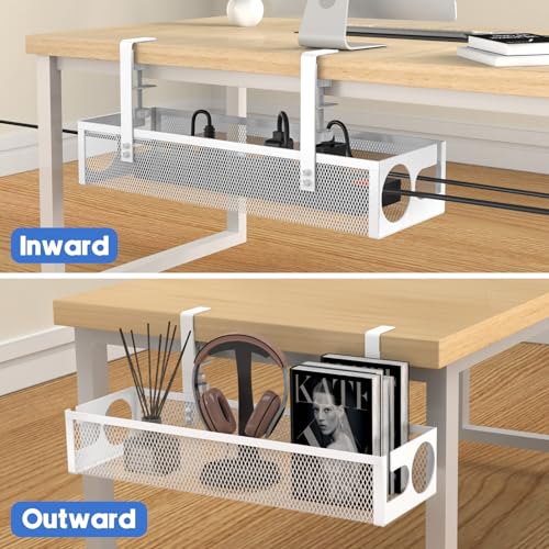 Under Desk Cable Management Tray No Drill 15.1’’, Metal Mesh Cable Management Box with Hybrid Side Slots & Reinforced Basket,Adjustable Cable Tray with Wire Management for Office Home,1 Pack (White) - color: White