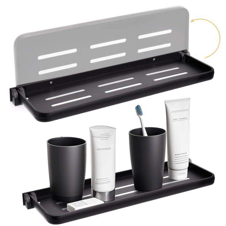 DEAYOU 2 Pack Folding Wall Shelf for Bathroom, 90° Fold Up Floating Shelf, Wall Mounted Drop Down Metal Shelves for RV, Campers, Laundry Room, Toilet Room, Kitchen, Waterproof, Space Saving, 15.7"