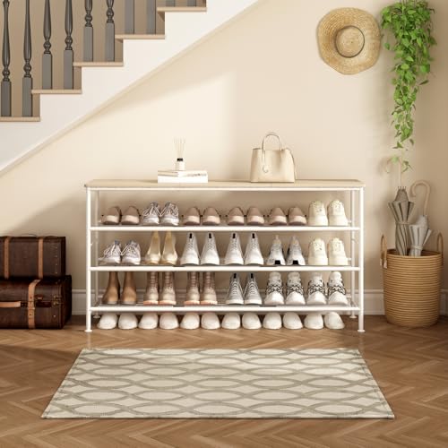 SUOERNUO Shoe Rack Organizer 4 Tier for Closet Entryway Free Standing Metal Storage Shoe Shelf with MDF Top Board (White+Oak, Large 4 Tier) - color: White+oak, size: Large 4 Tier