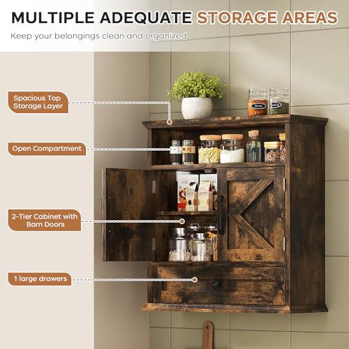 Bathroom Wall Cabinet, Wall Mounted Medicine Cabinet with Drawer, Barn Door & Adjustable Shelf, 24.4"H x 23.6"W x 9"D Rustic Brown Over Toilet Farmhouse Storage Cabinet for Kitchen, Laundry, Entryway - color: Rustic Brown, size: 24.4"H x 23.6"W x 9"D