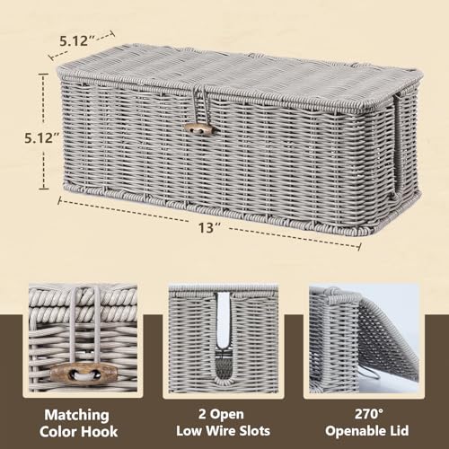 BROWNLILY Cable Management Box, Rattan Style Cord Organizer for Desk Cord Hider Outlet Covers Baby Proofing for Power Strip TV PC Router Charger Under Desk Storage with Lockable Lid and Cable Ties - color: Gray, size: M