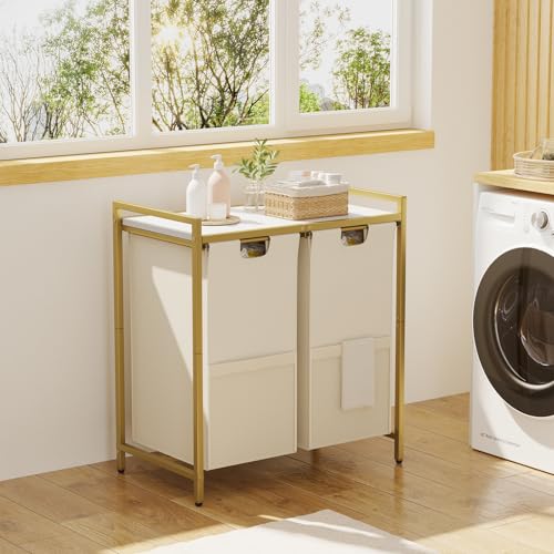 Huhote Laundry Hamper, double Laundry Basket, Laundry Sorter with Top Shelf & 2 Removable Washable Bags & Side Pockets for Laundry Room organization, Bathroom and Dorm, Gold and White - color: 2 bags-Gold