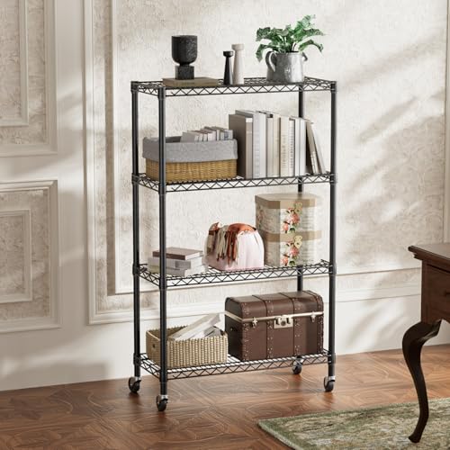 SINGAYE 4 Shelf Storage Wire Shelves Closet Bathroom Organizers Metal Pantry Kitchen Garage Shelving Unit Laundry Room Organization Home Narrow Rack Net Basket with Wheels Black - color: Black, size: 4Tier/14"D X 36"W X 58"H
