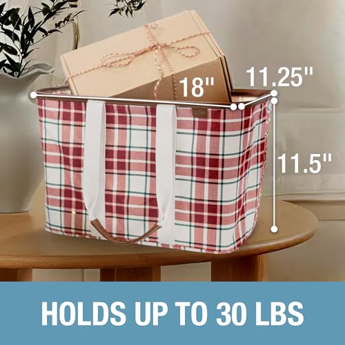 CleverMade Collapsible LUXE Tote - Reusable Grocery Shopping Storage Bag Organizer w/Handles Reinforced Bottom - color: Red Checker