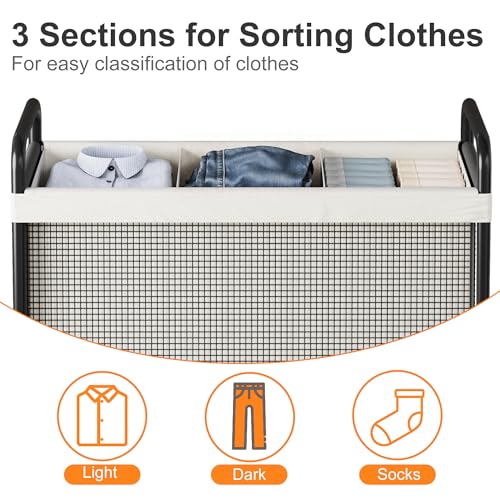 WOWLIVE Laundry Hamper 3 Section, 120L Rolling Laundry Basket with wheels and Removable Liner Bag, Laundry Sorter with Metal Handle, Large Clothes Hamper for Laundry Room, Bathroom and Dorm, Beige - size: 3-Section