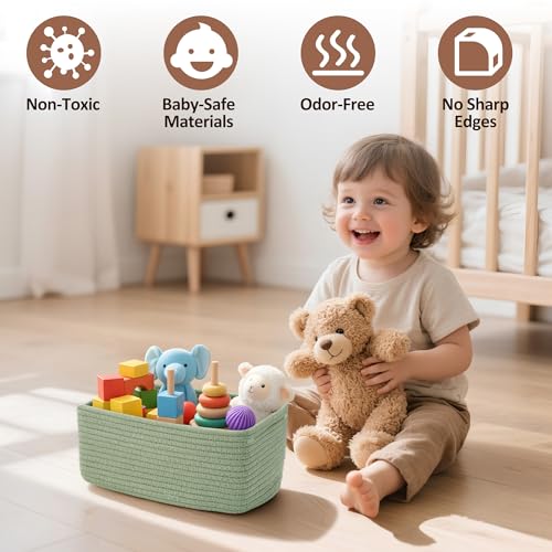 5-Pack Small Woven Rope Storage Baskets – 2 Sizes Organizer Bins for Closet, Shelf, Bookshelf, Nursery, Changing Table, Fabric Cube Boxes, Rectangular Shallow Bins for Bathroom, Toy & Home - color: Green