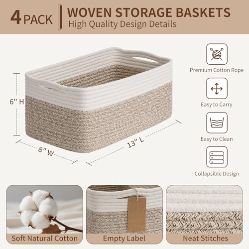 Goodpick 4 Pack Storage Baskets for Shelves, Rectangle Woven Baskets for Organizing, Cotton Rope Storage Bins for Baby Toys, Decorative Basket for Gifts, 13''L x 8''W x 6''H, Brown & White - color: Light Brown & White