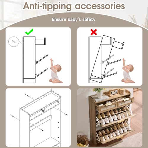 Rattan Shoe Storage Cabinet with 2 Flip Drawers & 2 Drawers, Freestanding Organizer for Front Door Entrance, Hidden Narrow Shoe Rack Cabinet Storage for Entryway, Rustic Oak Rattan - style: 2-Drawers